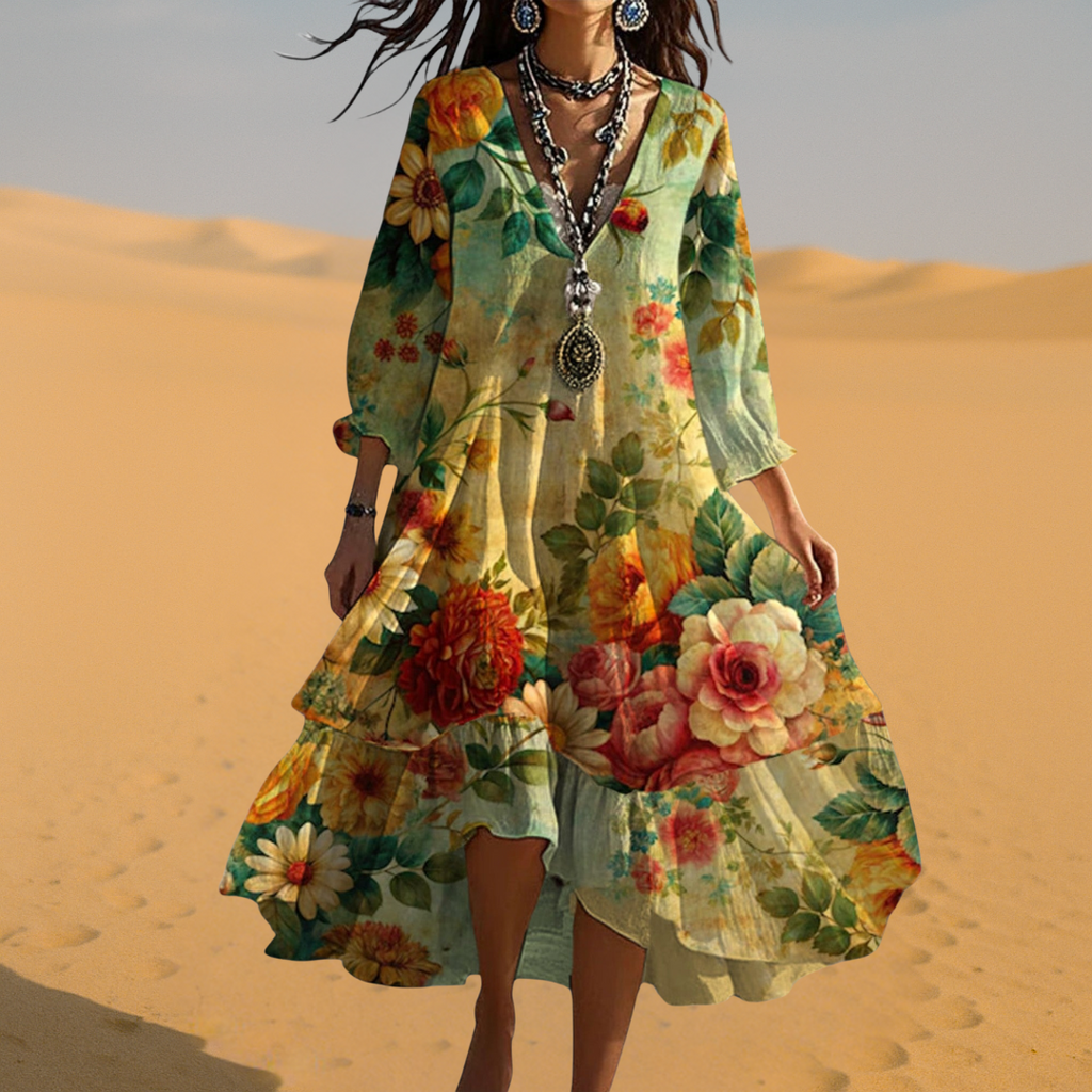 Flowy vintage boho V-neck dress women lightweight summer style