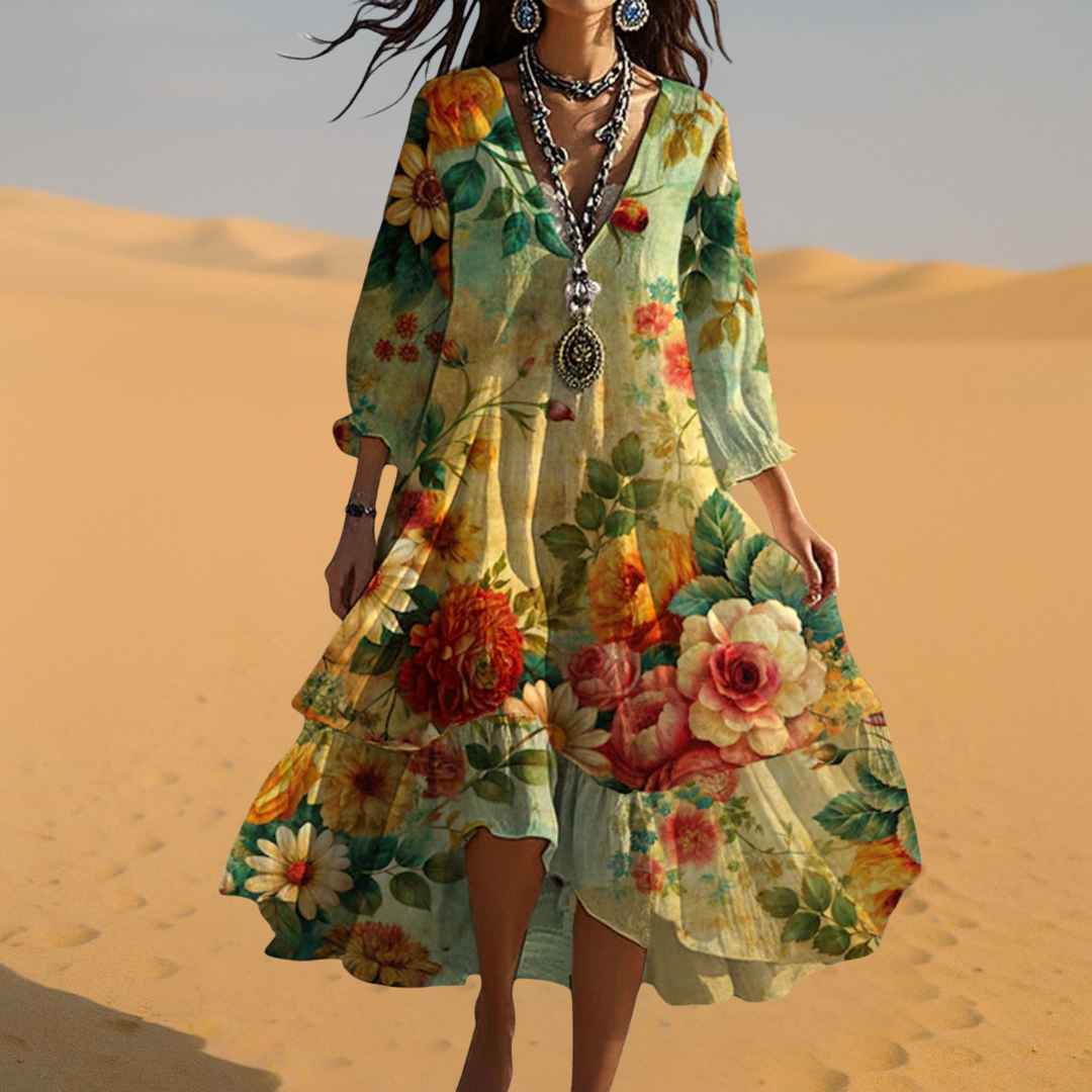 Flowy vintage boho V-neck dress women lightweight summer style