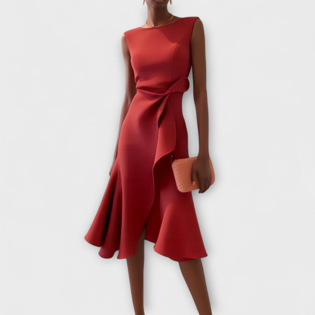 Women draped midi dress asymmetrical design soft chic comfort