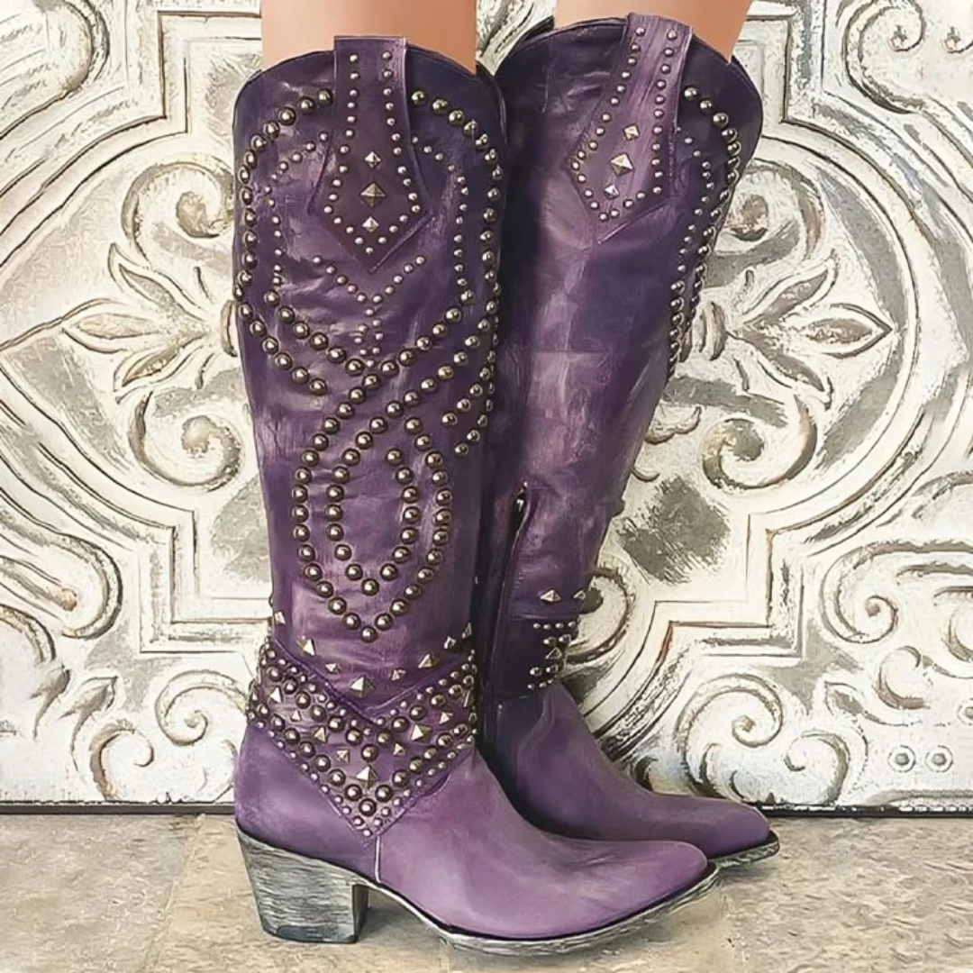 Stylish studded boots women knee high block heel modern chic