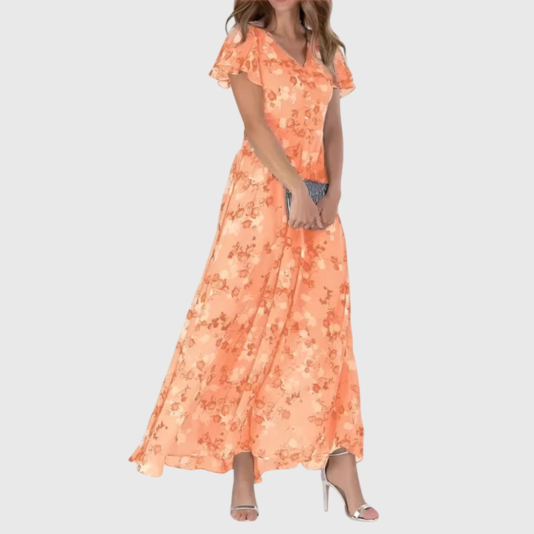 Comfortable women floral maxi dress maxi length V-neck breathable elegant holiday wear
