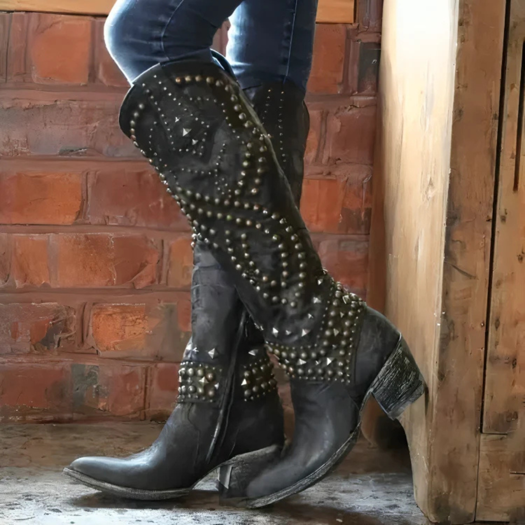 Stylish studded boots women knee high block heel modern chic