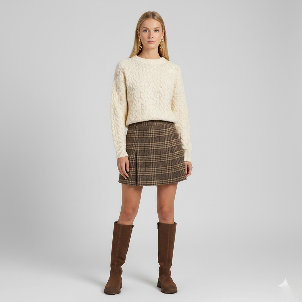 Cable Knit Sweater & Plaid Mini Skirt Set