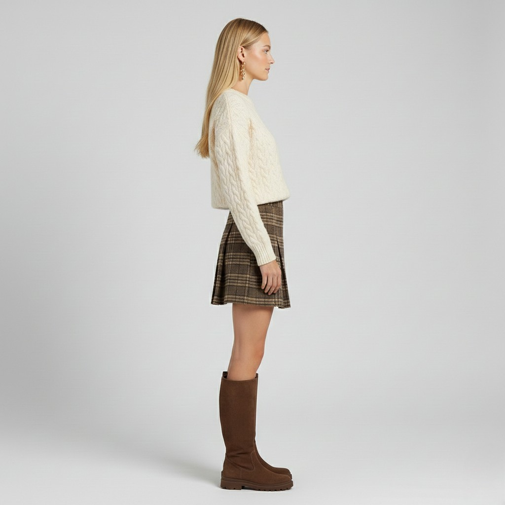 Cable Knit Sweater & Plaid Mini Skirt Set