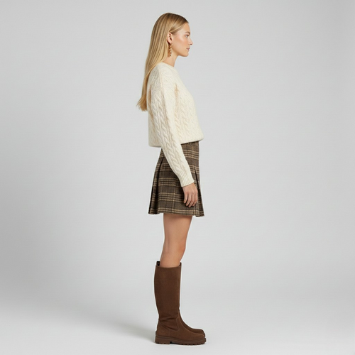 Cable Knit Sweater & Plaid Mini Skirt Set