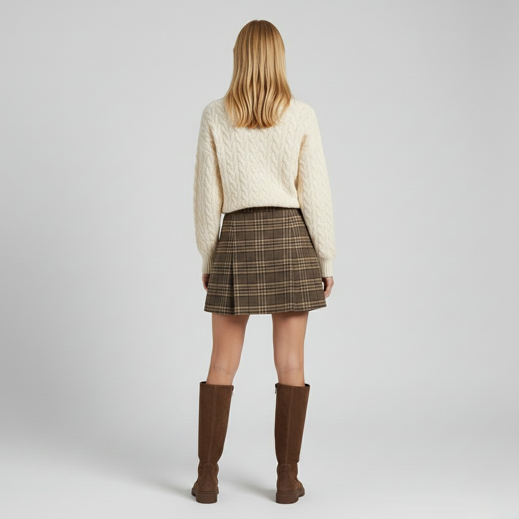 Cable Knit Sweater & Plaid Mini Skirt Set