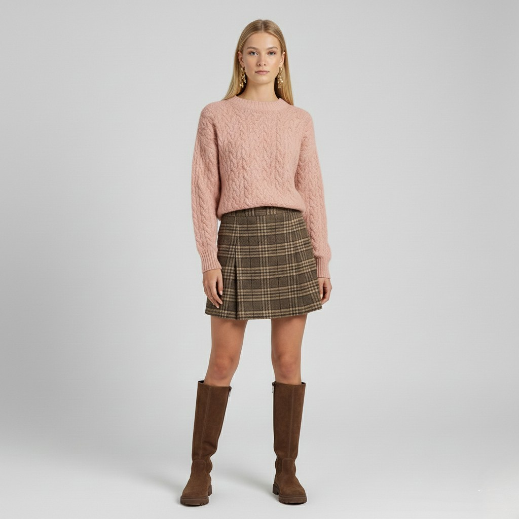 Cable Knit Sweater & Plaid Mini Skirt Set