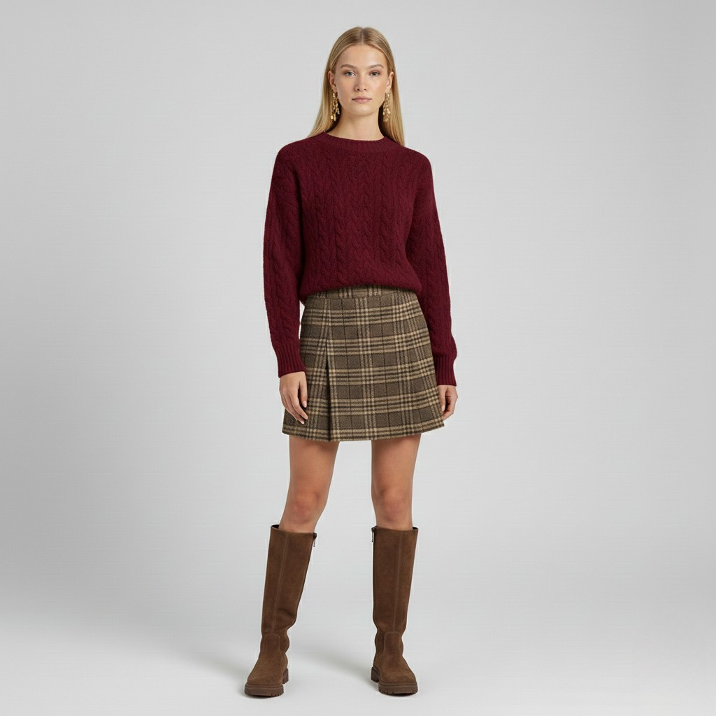 Cable Knit Sweater & Plaid Mini Skirt Set