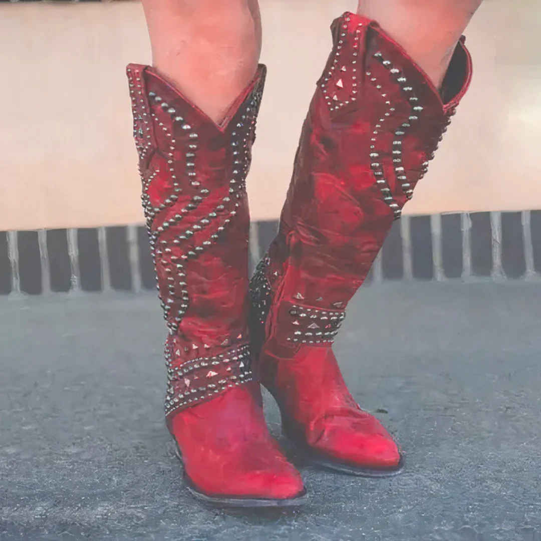 Stylish studded boots women knee high block heel modern chic