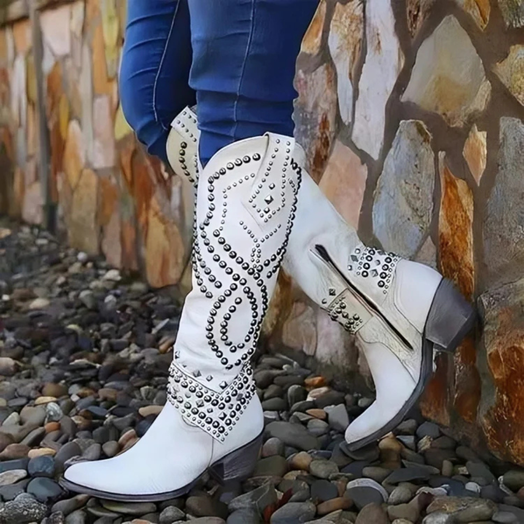 Stylish studded boots women knee high block heel modern chic