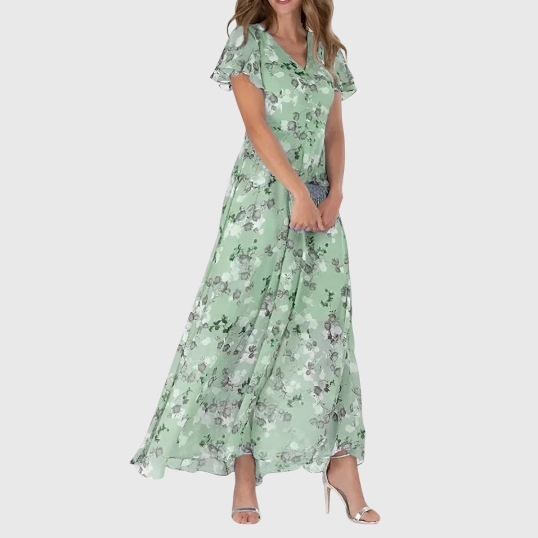 Comfortable women floral maxi dress maxi length V-neck breathable elegant holiday wear