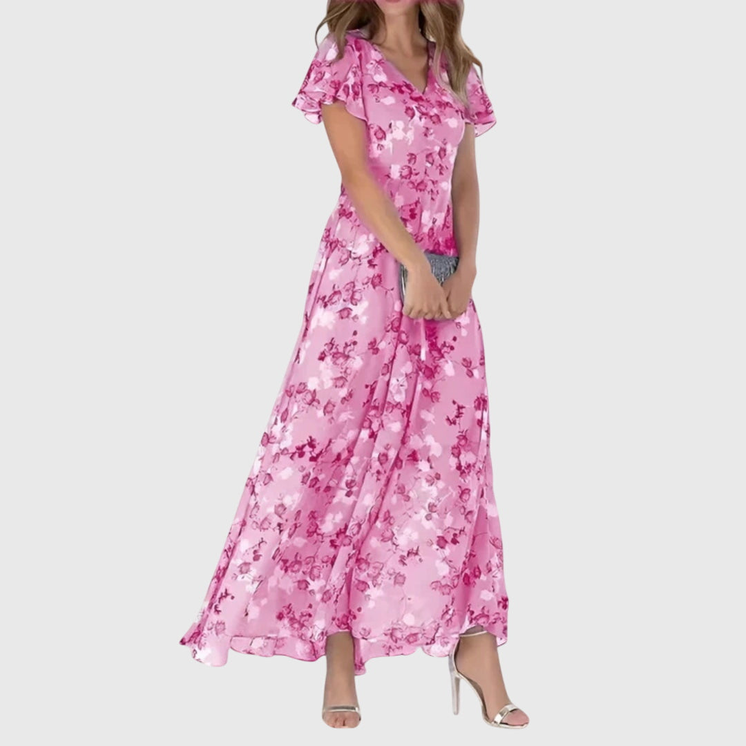 Comfortable women floral maxi dress maxi length V-neck breathable elegant holiday wear