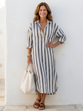Elegant midi shirt dress women striped long sleeve button down chic comfort
