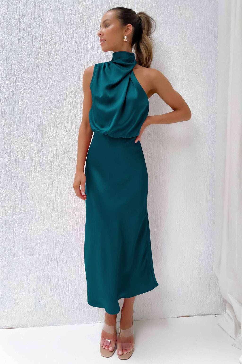 Elegant halter neck dress women evening wear flattering fit