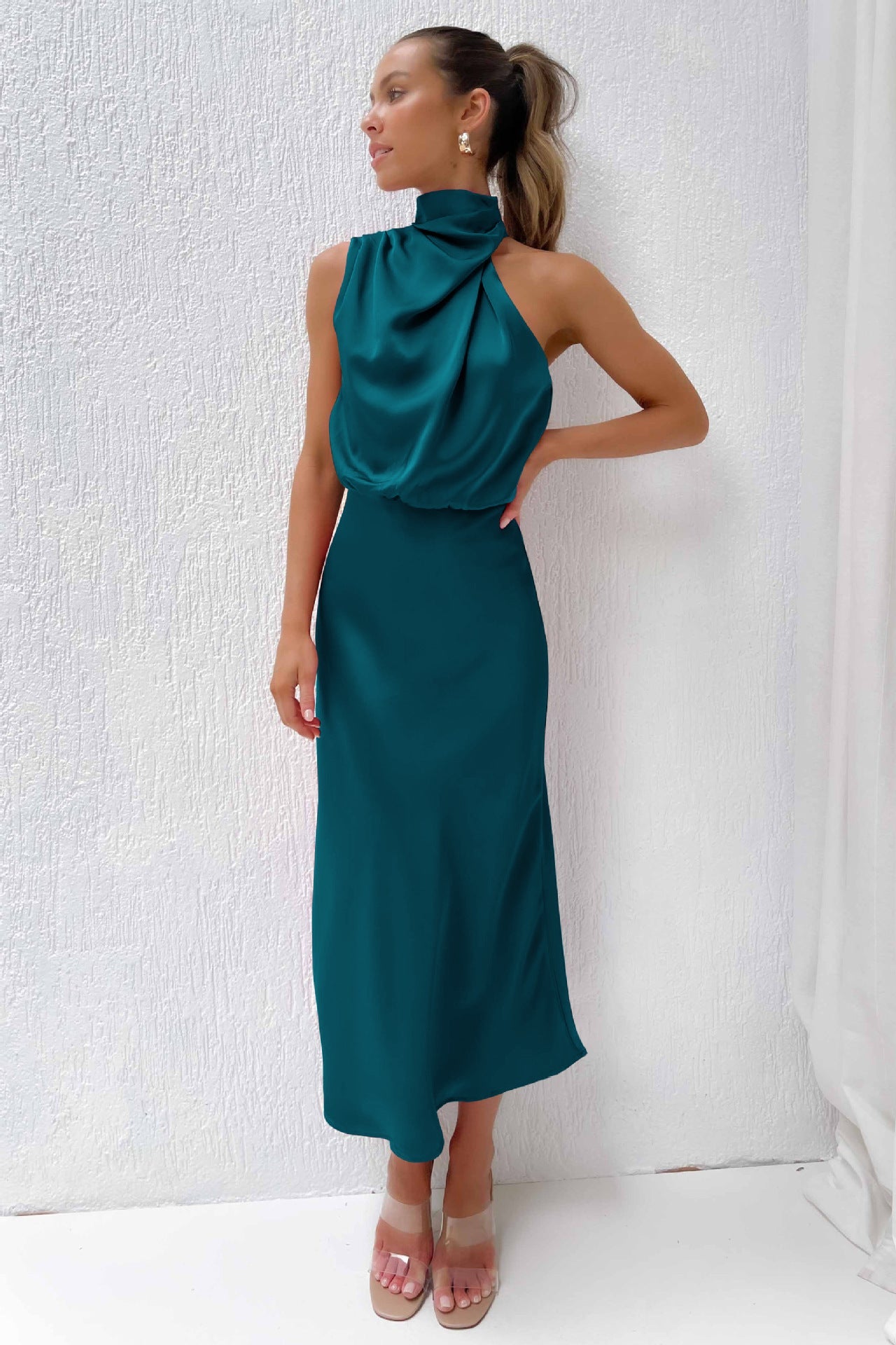 Elegant halter neck dress women evening wear flattering fit