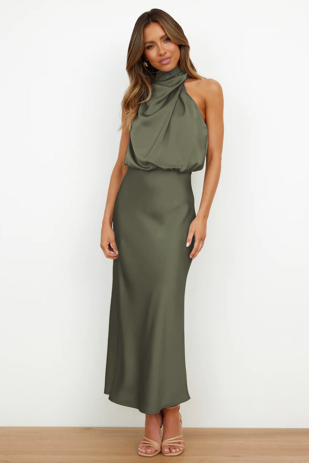 Elegant halter neck dress women evening wear flattering fit