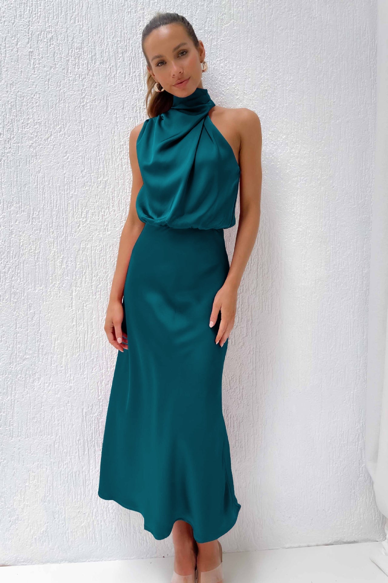 Elegant halter neck dress women evening wear flattering fit