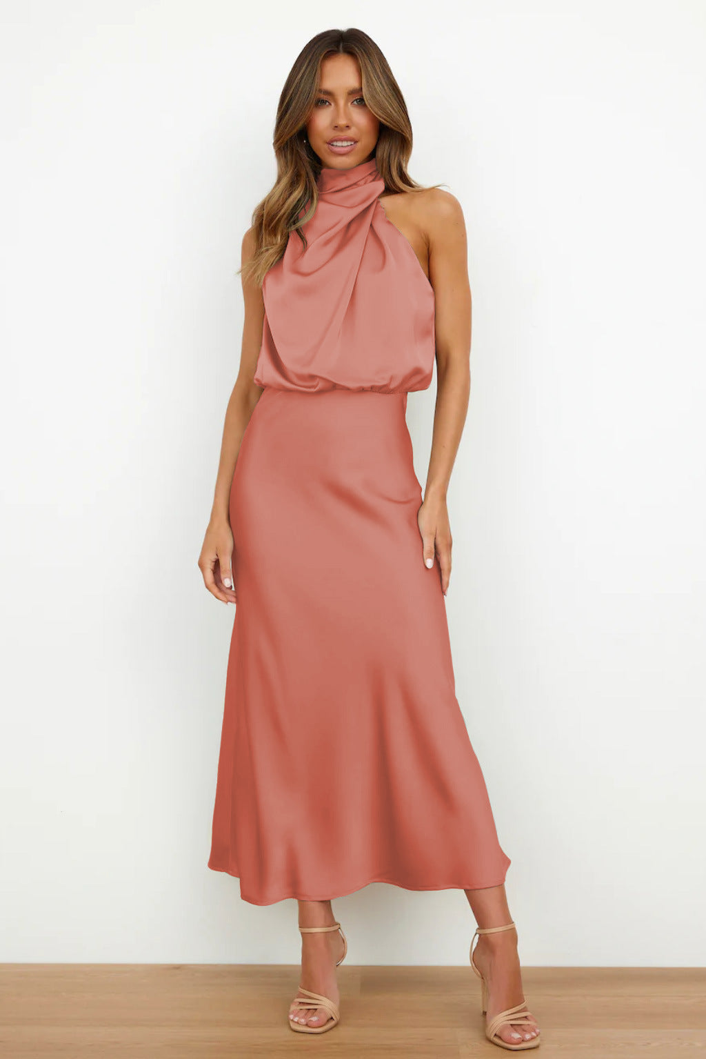 Elegant halter neck dress women evening wear flattering fit