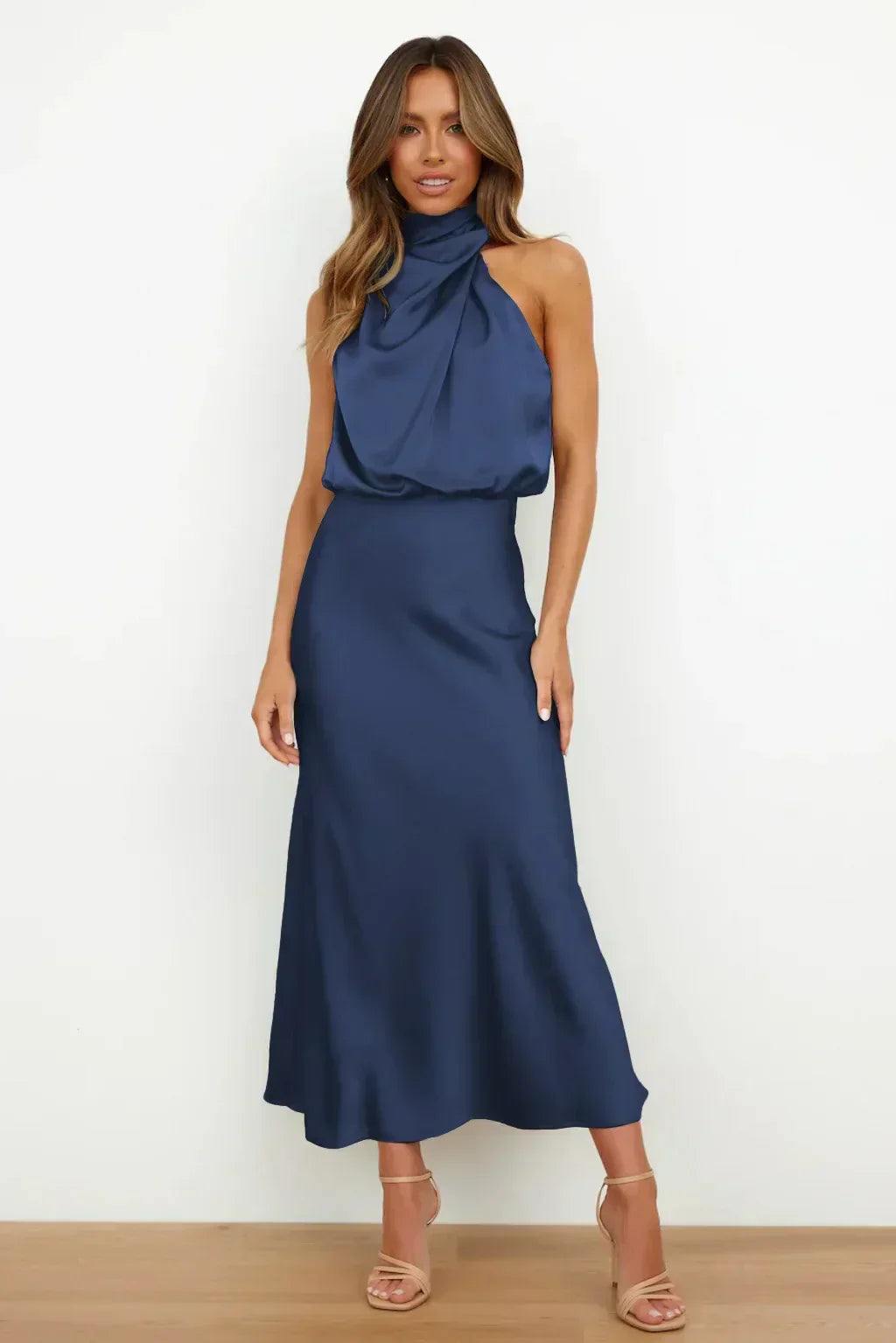 Elegant halter neck dress women evening wear flattering fit