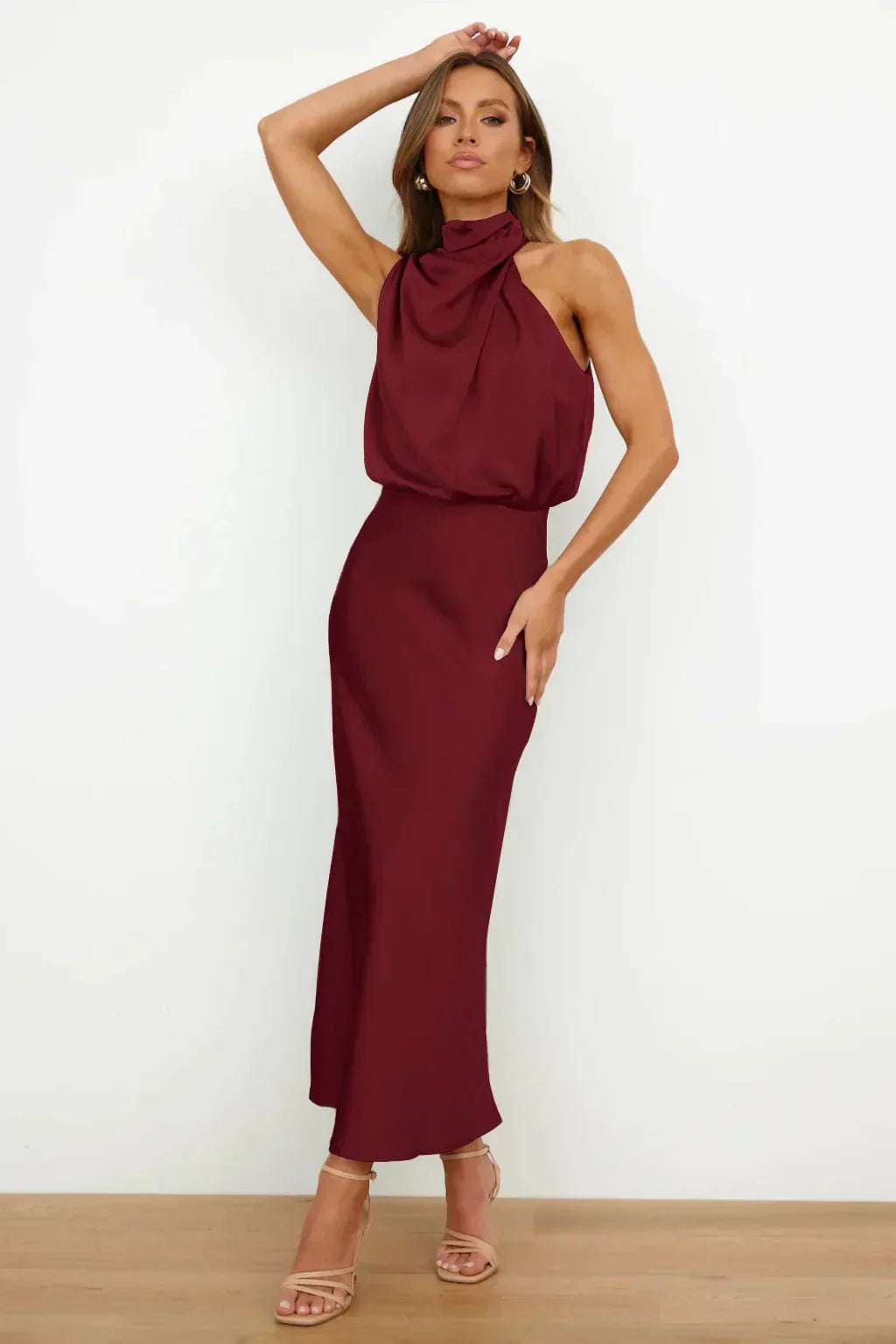 Elegant halter neck dress women evening wear flattering fit