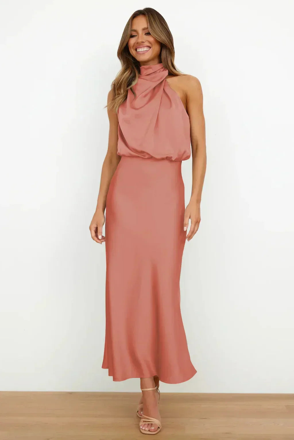 Elegant halter neck dress women evening wear flattering fit
