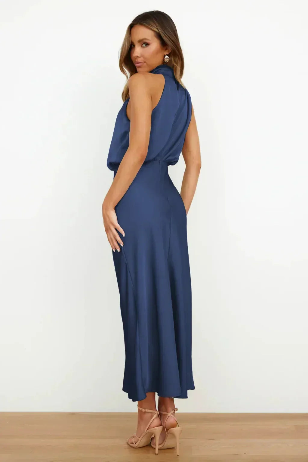 Elegant halter neck dress women evening wear flattering fit