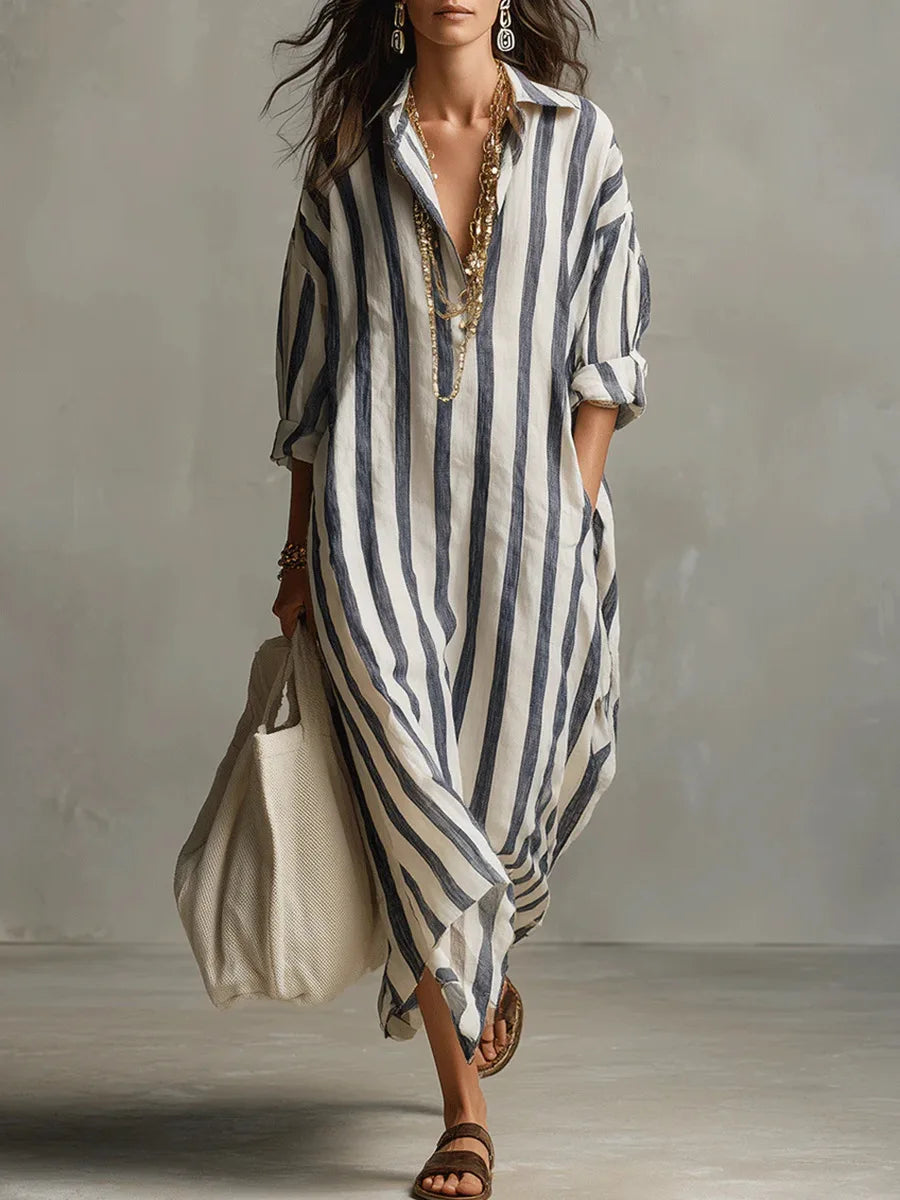 Linen shirt dress women long length breathable relaxed summer style