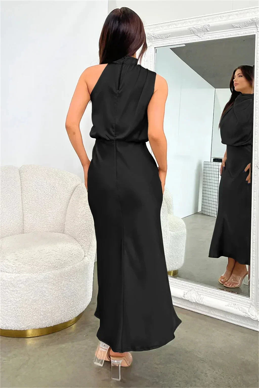 Elegant halter neck dress women evening wear flattering fit