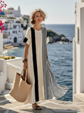 Round Neck Striped Maxi Dress Women Short Sleeve Breathable Flowy Summer Chic