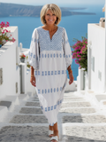 Stylish V-neck maxi dress women long sleeve embroidery flowy comfort