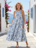 Elegant tiered midi dress women sleeveless high neck soft breathable comfort
