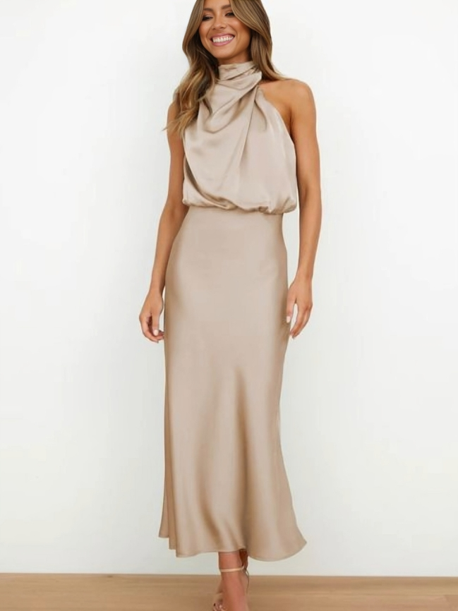 Elegant halter neck dress women evening wear flattering fit