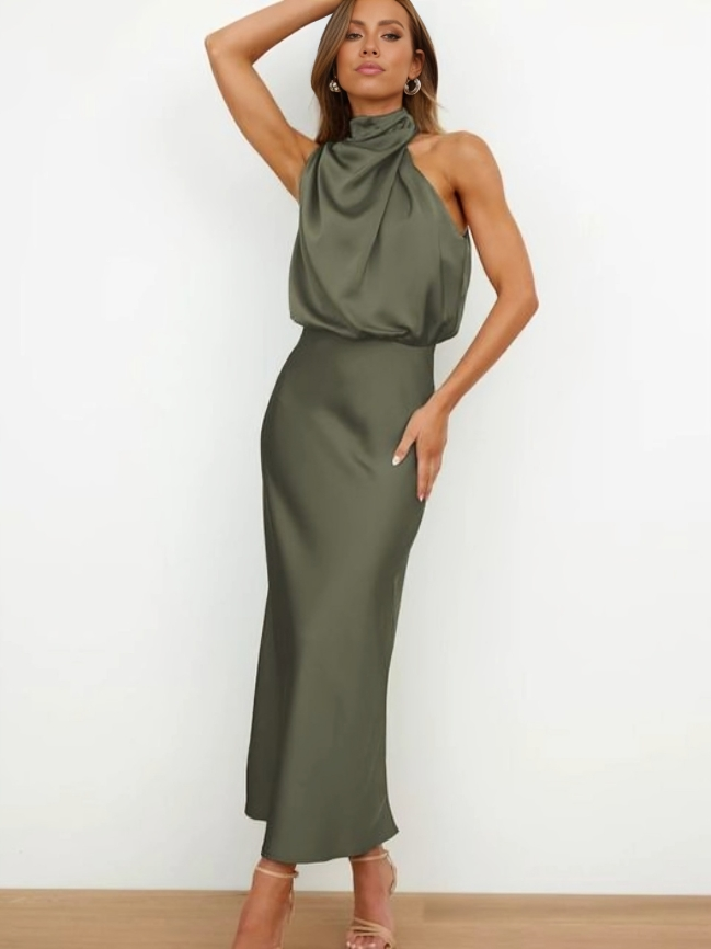 Elegant halter neck dress women evening wear flattering fit