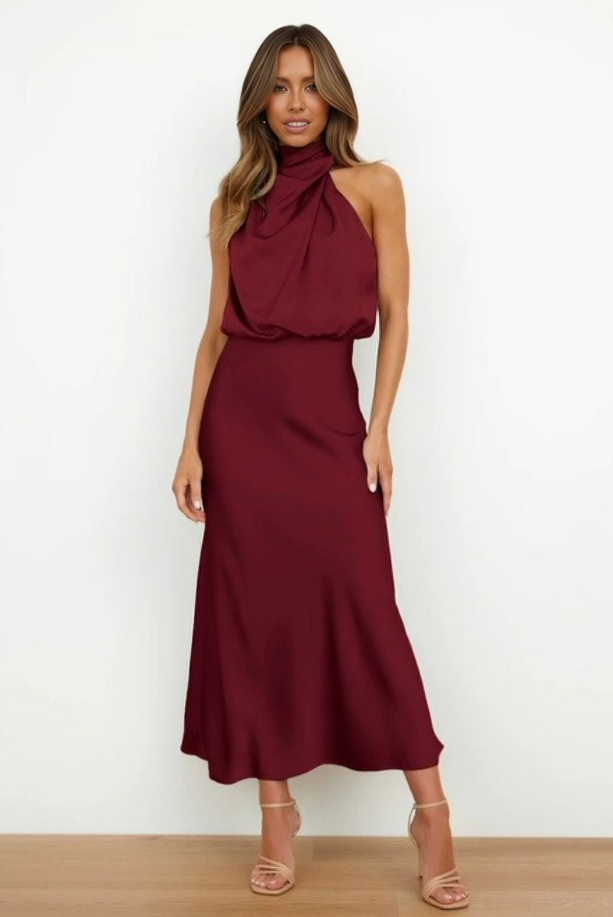 Elegant halter neck dress women evening wear flattering fit